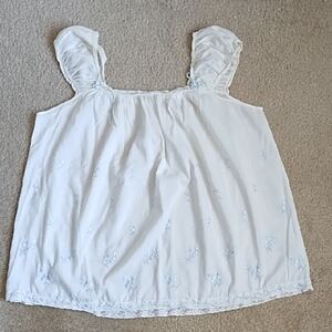 Sheer Vintage Blouse Night Shirt Women's Size Large Embroidered White Blue